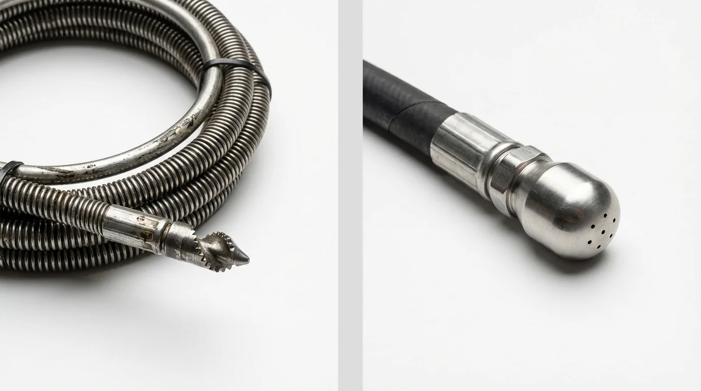 Drain snake cable and hydro jetting nozzle used for drain cleaning in Boonville, NC