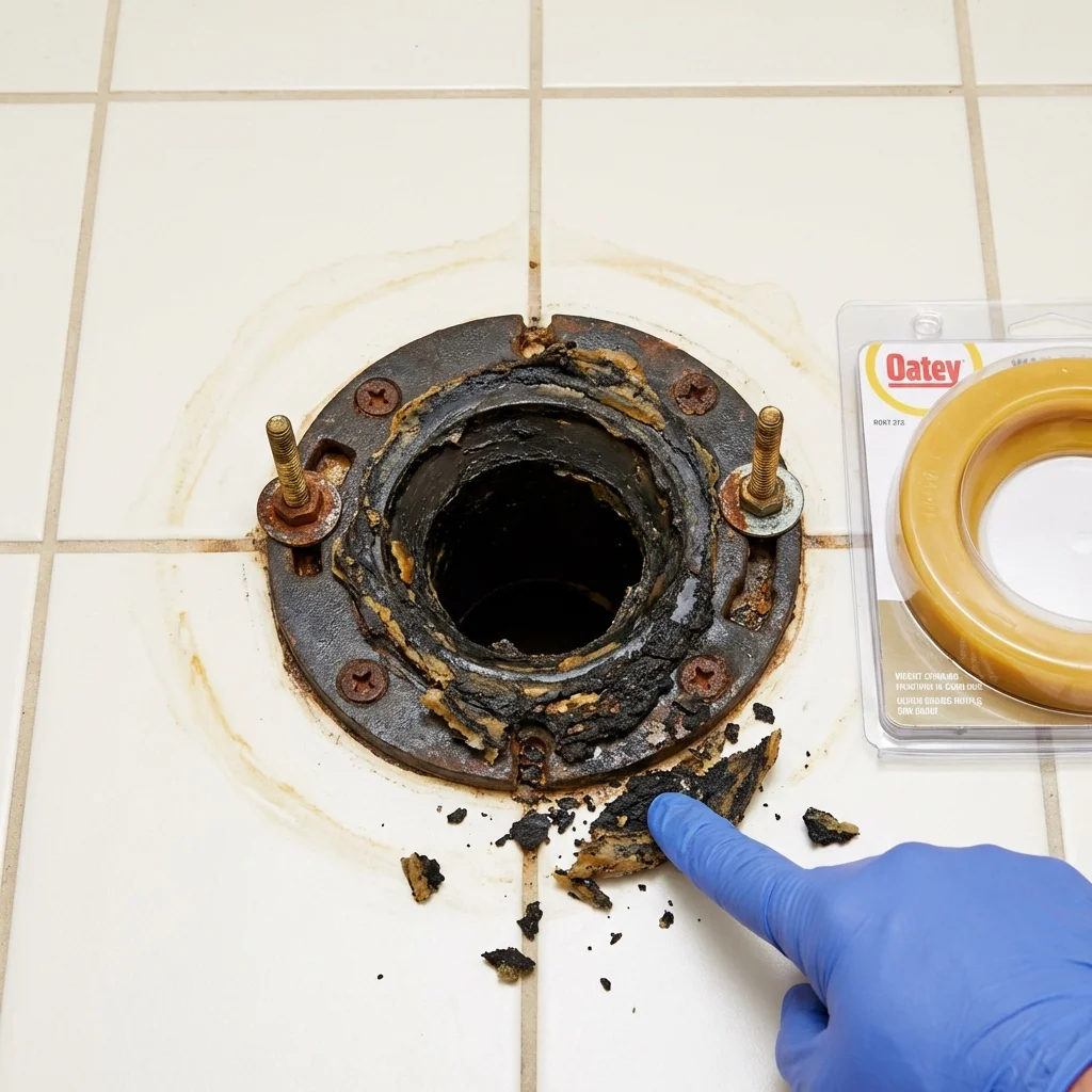 Failed wax ring showing water seepage at the base of a toilet in a Boonville, NC home