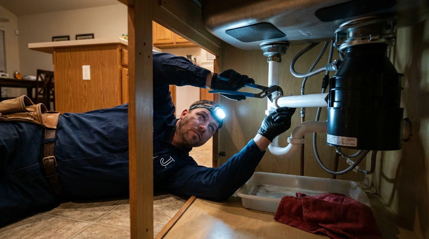 P-trap and supply line connections under a kitchen sink showing a common leak point in Boonville, NC